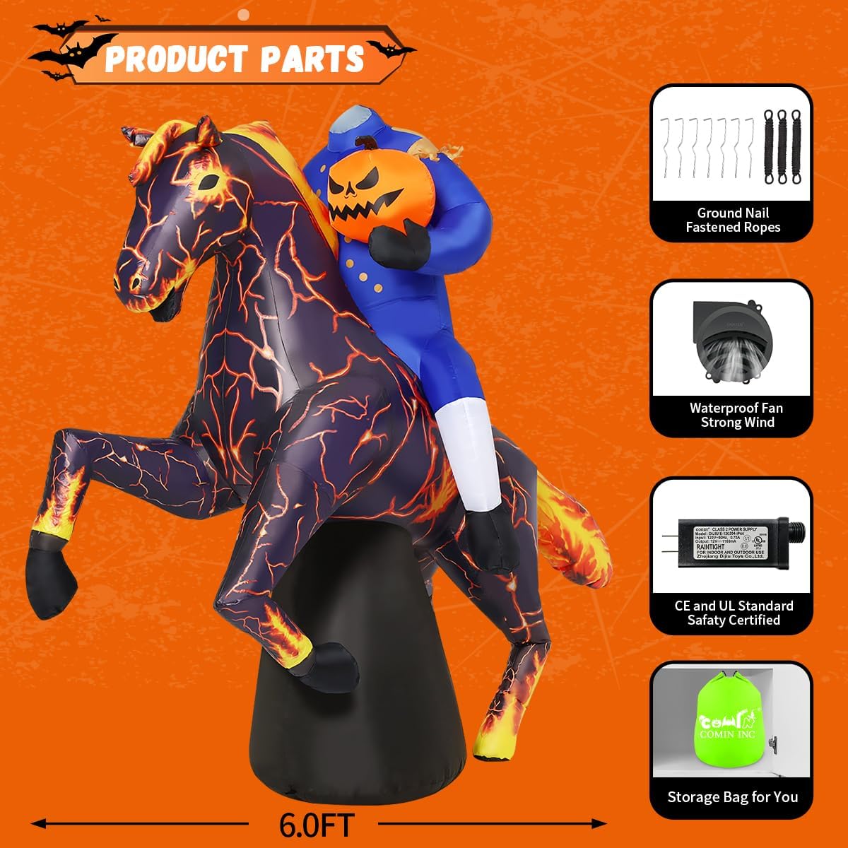 6FT Inflatable Headless Horseman Halloween Yard Decoration with LED Lights