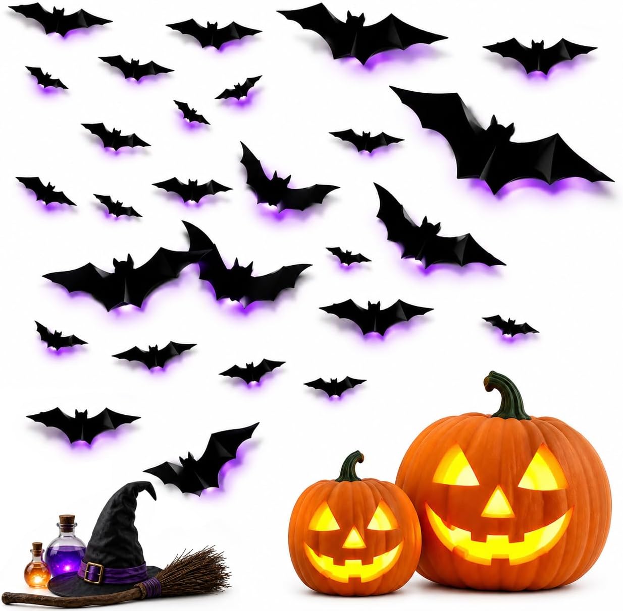12-Pack Glowing 3D Halloween Bats with Self-Adhesive LED Lights