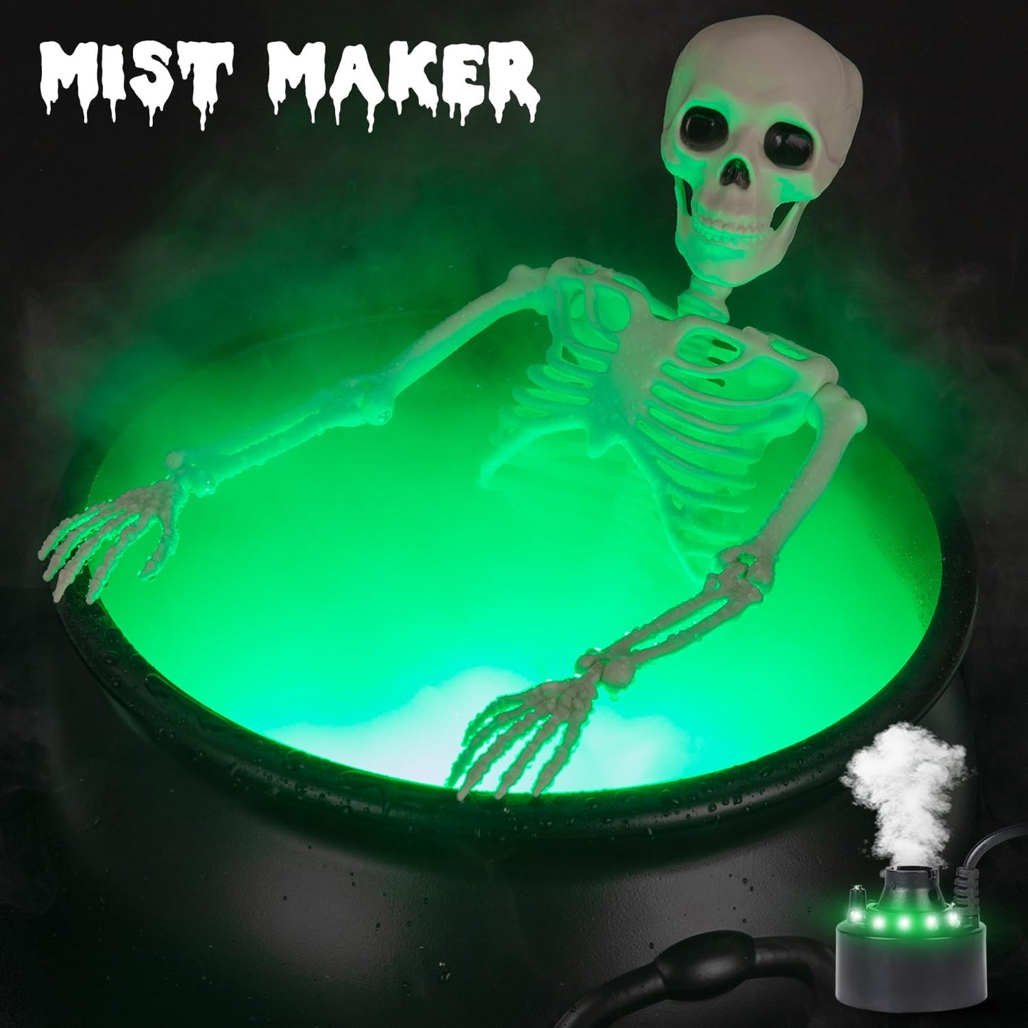 Large Halloween Witch Cauldron Set with 52-Inch Tripod, 24-Inch Skeleton and Green Mist Maker,