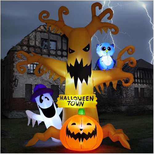 8FT Light-Up Haunted Tree Halloween Inflatable with Ghost, Owl & Pumpkin