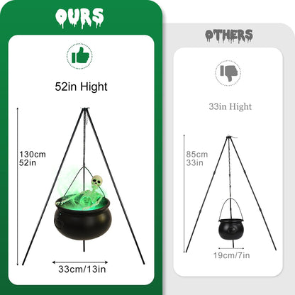 Large Halloween Witch Cauldron Set with 52-Inch Tripod, 24-Inch Skeleton and Green Mist Maker,