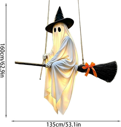 5 FT Lighted Hanging Ghost Witch on Broom Halloween Decoration