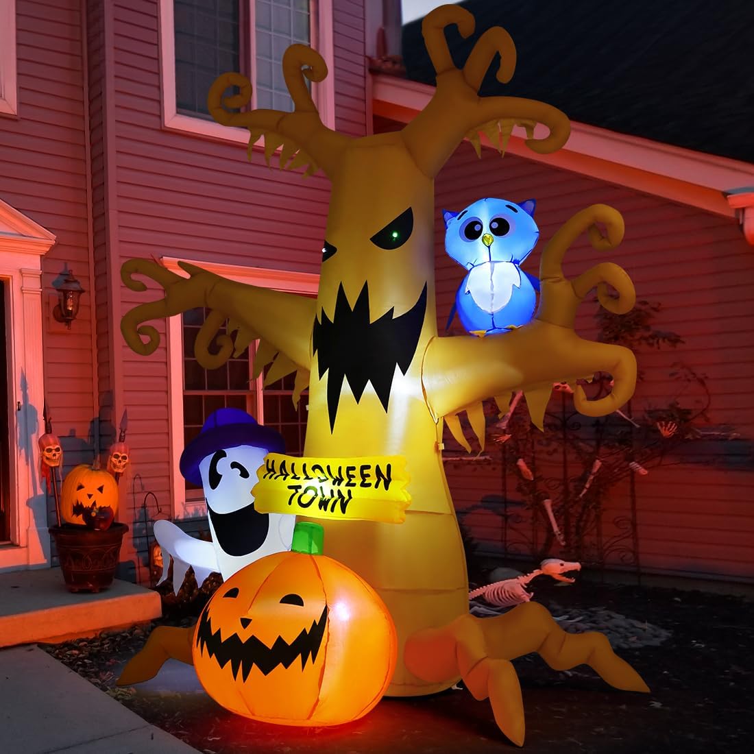 8FT Light-Up Haunted Tree Halloween Inflatable with Ghost, Owl & Pumpkin