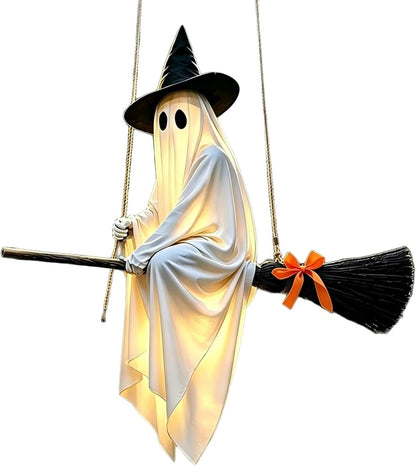 5 FT Lighted Hanging Ghost Witch on Broom Halloween Decoration