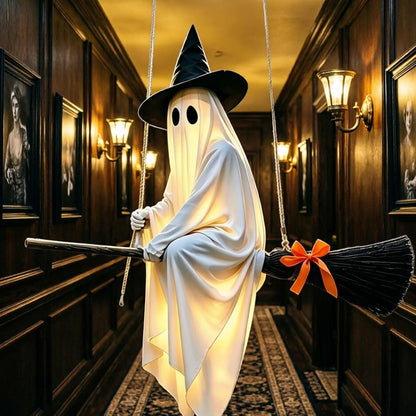5 FT Lighted Hanging Ghost Witch on Broom Halloween Decoration