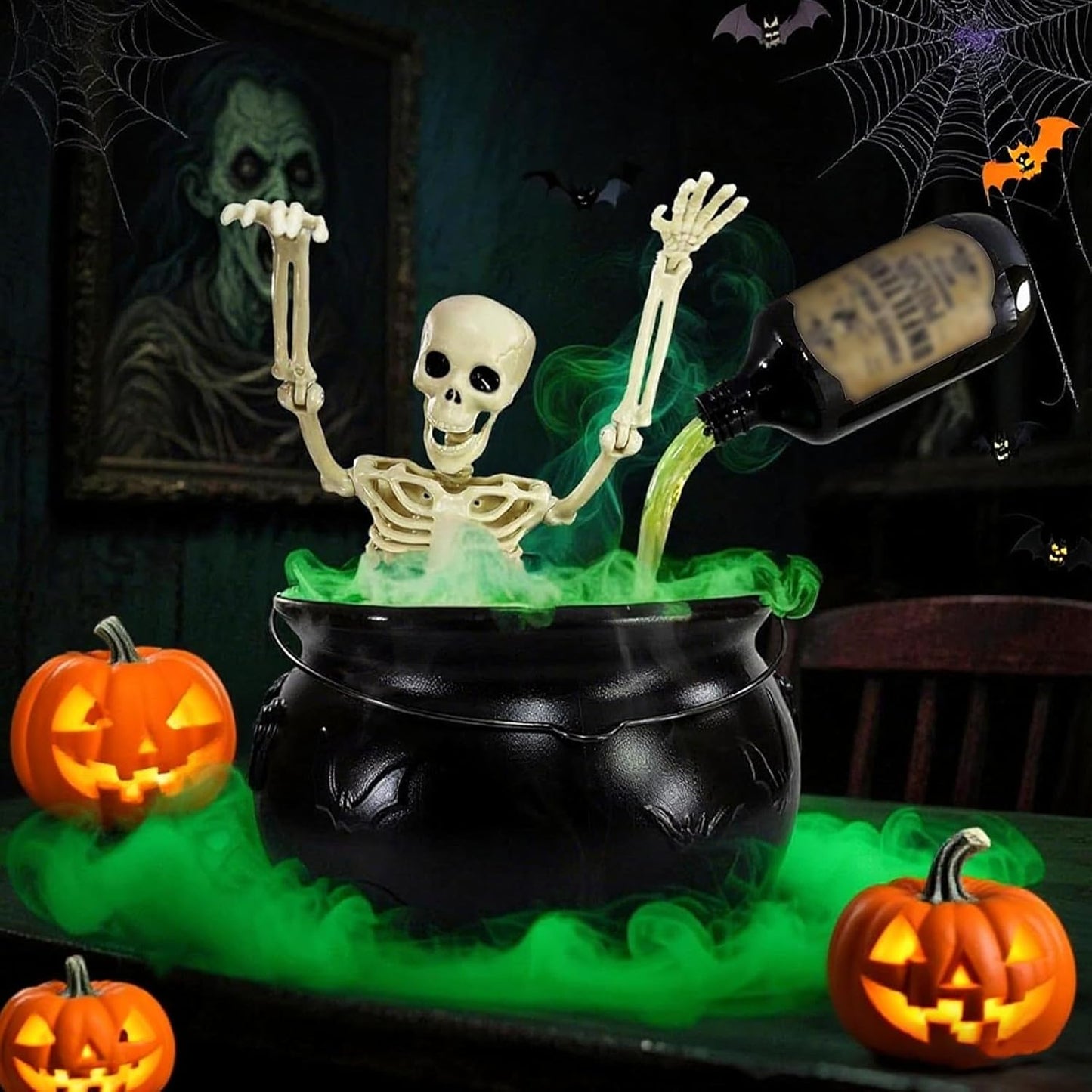 Halloween Smoking Cauldron Decor with Skeleton, Floating Bottle and LED Fog Effect
