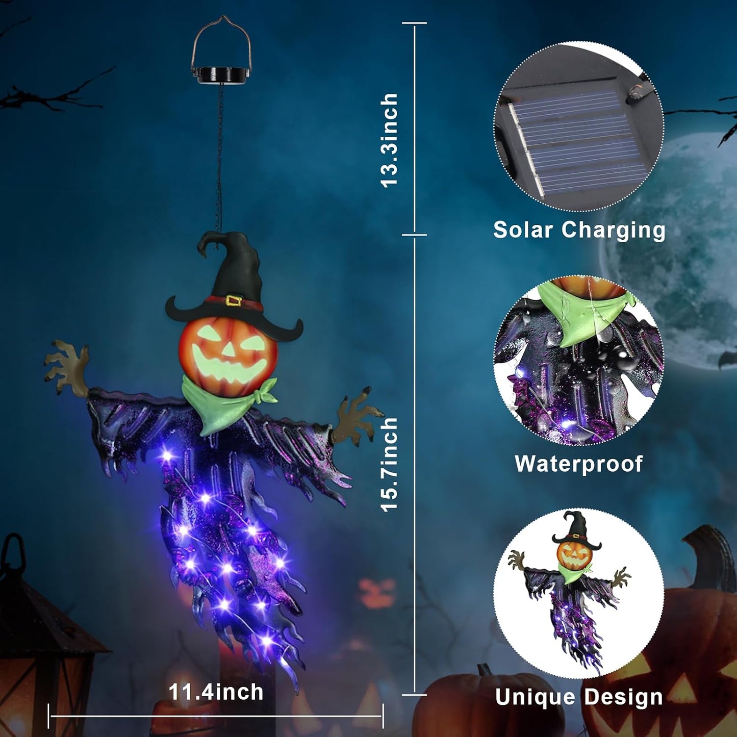 15.7-Inch Solar Pumpkin Scarecrow Hanging Light for Halloween Decor