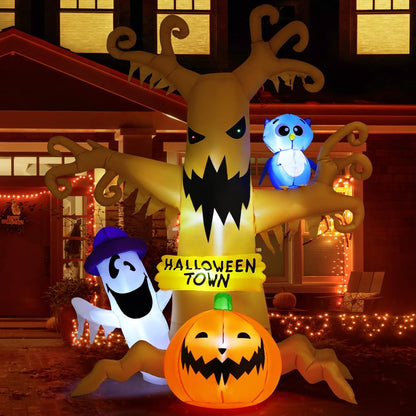 8FT Light-Up Haunted Tree Halloween Inflatable with Ghost, Owl & Pumpkin