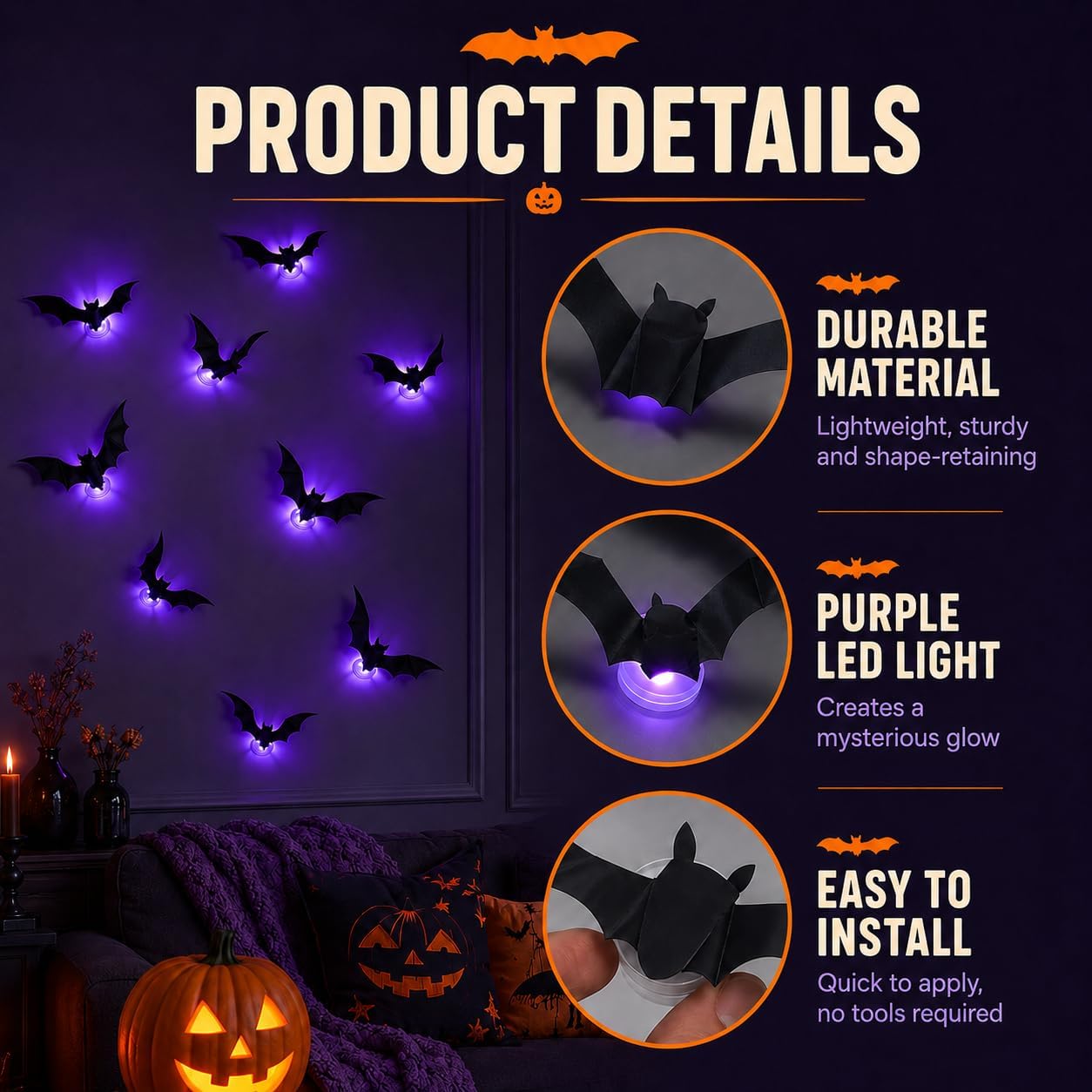 12-Pack Glowing 3D Halloween Bats with Self-Adhesive LED Lights