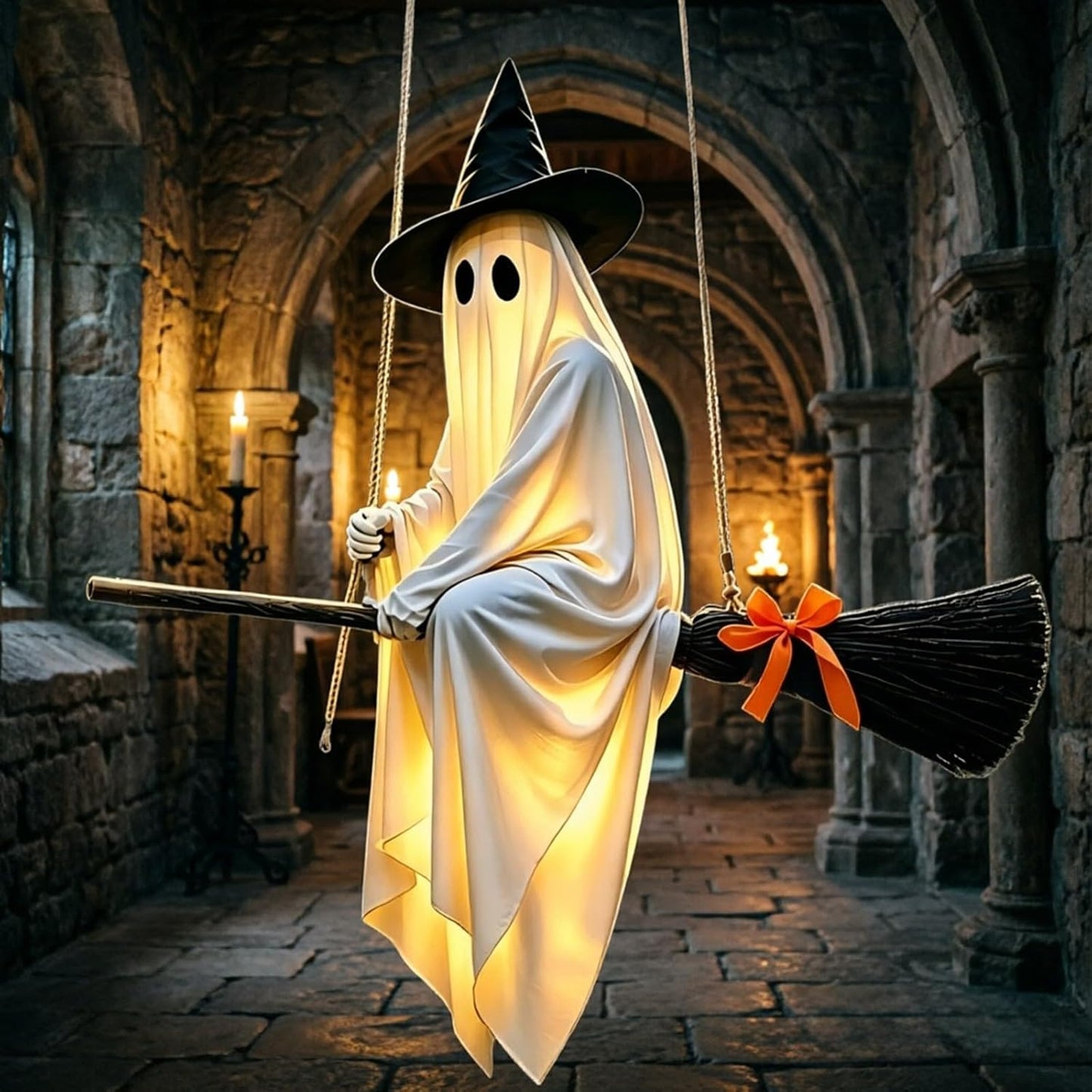 5 FT Lighted Hanging Ghost Witch on Broom Halloween Decoration