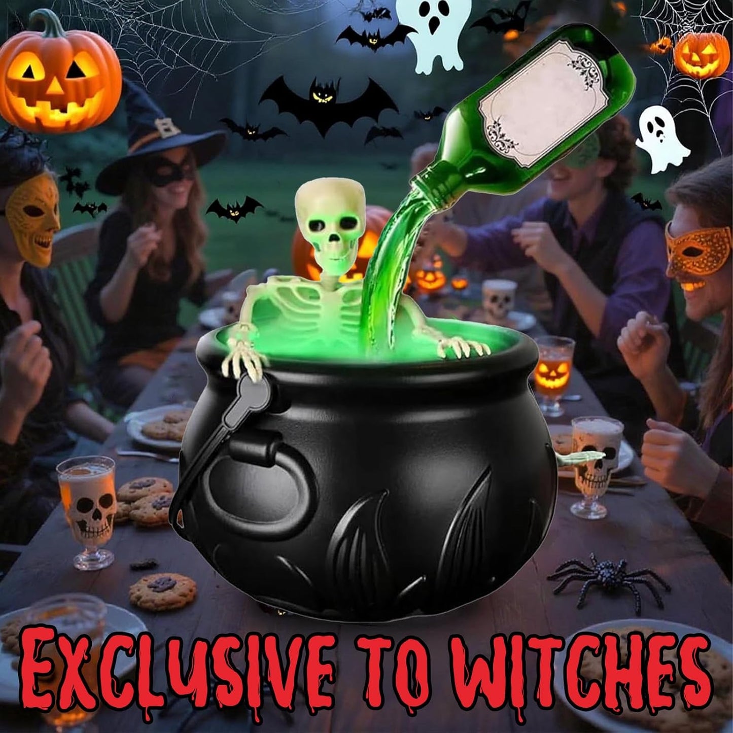 Halloween Smoking Cauldron Decor with Skeleton, Floating Bottle and LED Fog Effect