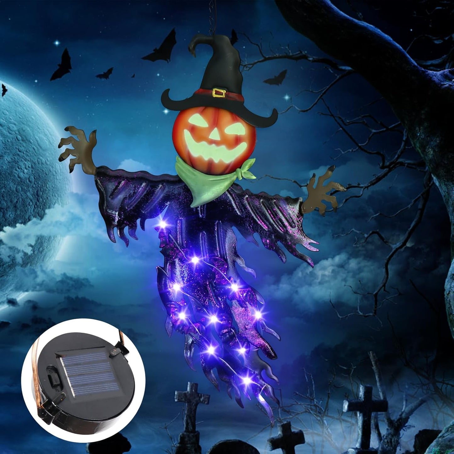 15.7-Inch Solar Pumpkin Scarecrow Hanging Light for Halloween Decor