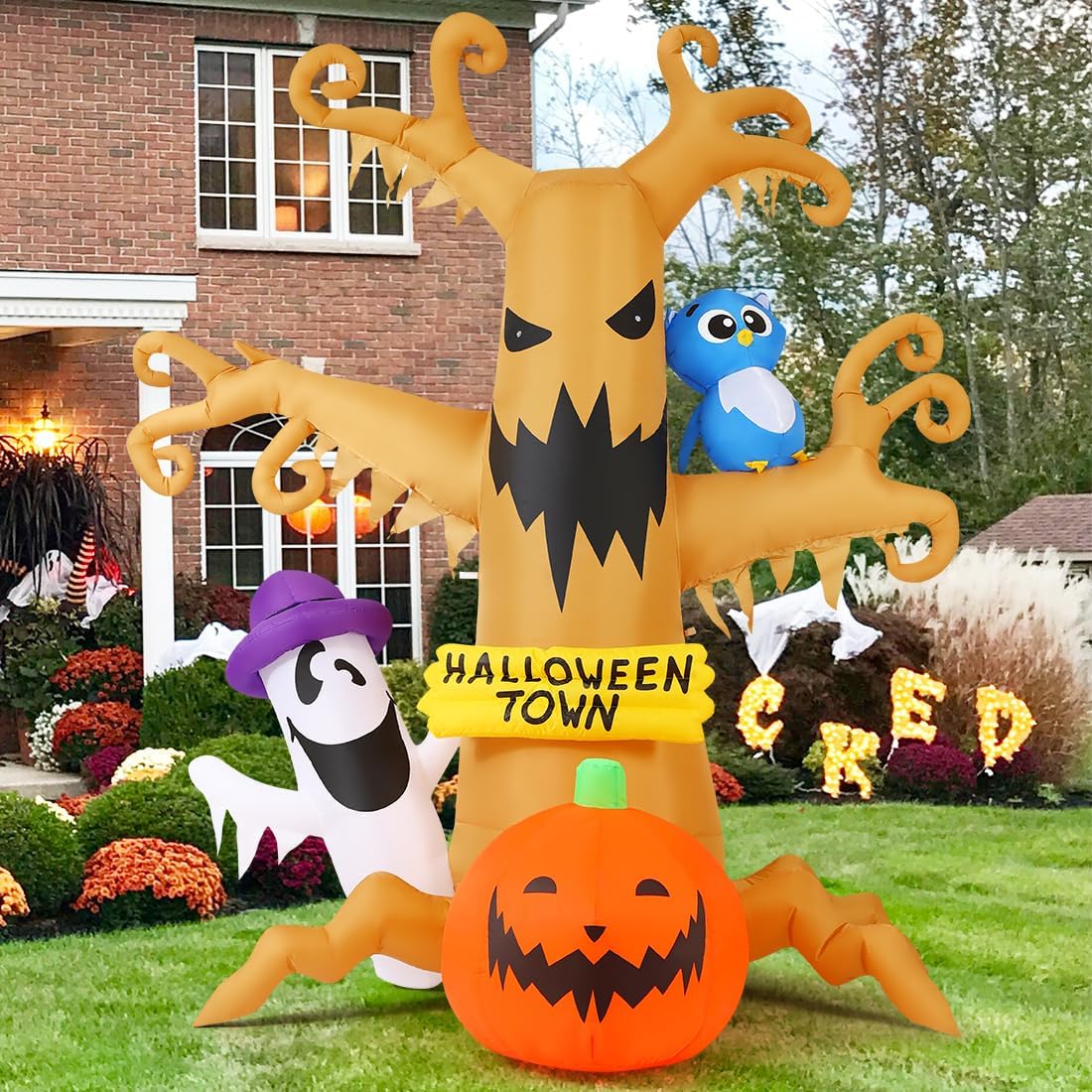 8FT Light-Up Haunted Tree Halloween Inflatable with Ghost, Owl & Pumpkin