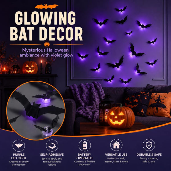 12-Pack Glowing 3D Halloween Bats with Self-Adhesive LED Lights