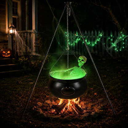 Large Halloween Witch Cauldron Set with 52-Inch Tripod, 24-Inch Skeleton and Green Mist Maker,