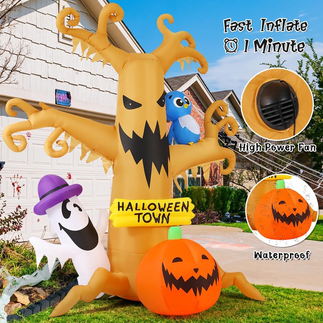 8FT Light-Up Haunted Tree Halloween Inflatable with Ghost, Owl & Pumpkin