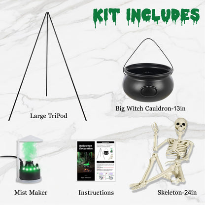 Large Halloween Witch Cauldron Set with 52-Inch Tripod, 24-Inch Skeleton and Green Mist Maker,
