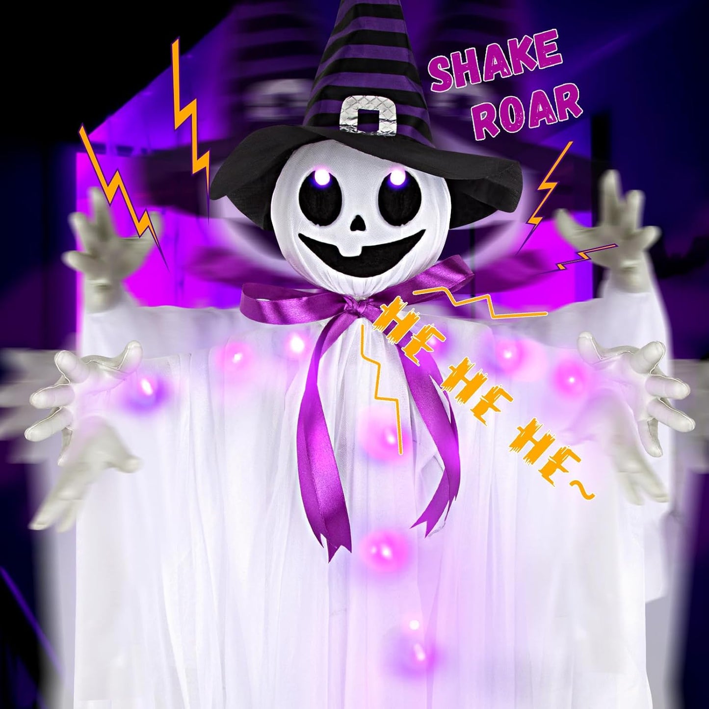 55-Inch Animated Hanging Witch Ghost with Purple LED Lights, Sound Activation & Shaking Arms