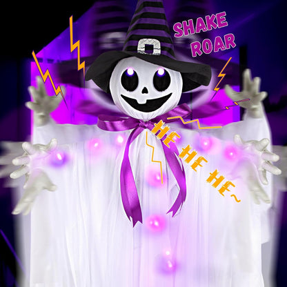 55-Inch Animated Hanging Witch Ghost with Purple LED Lights, Sound Activation & Shaking Arms