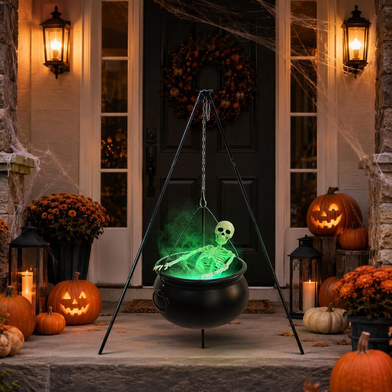 Large Halloween Witch Cauldron Set with 52-Inch Tripod, 24-Inch Skeleton and Green Mist Maker,