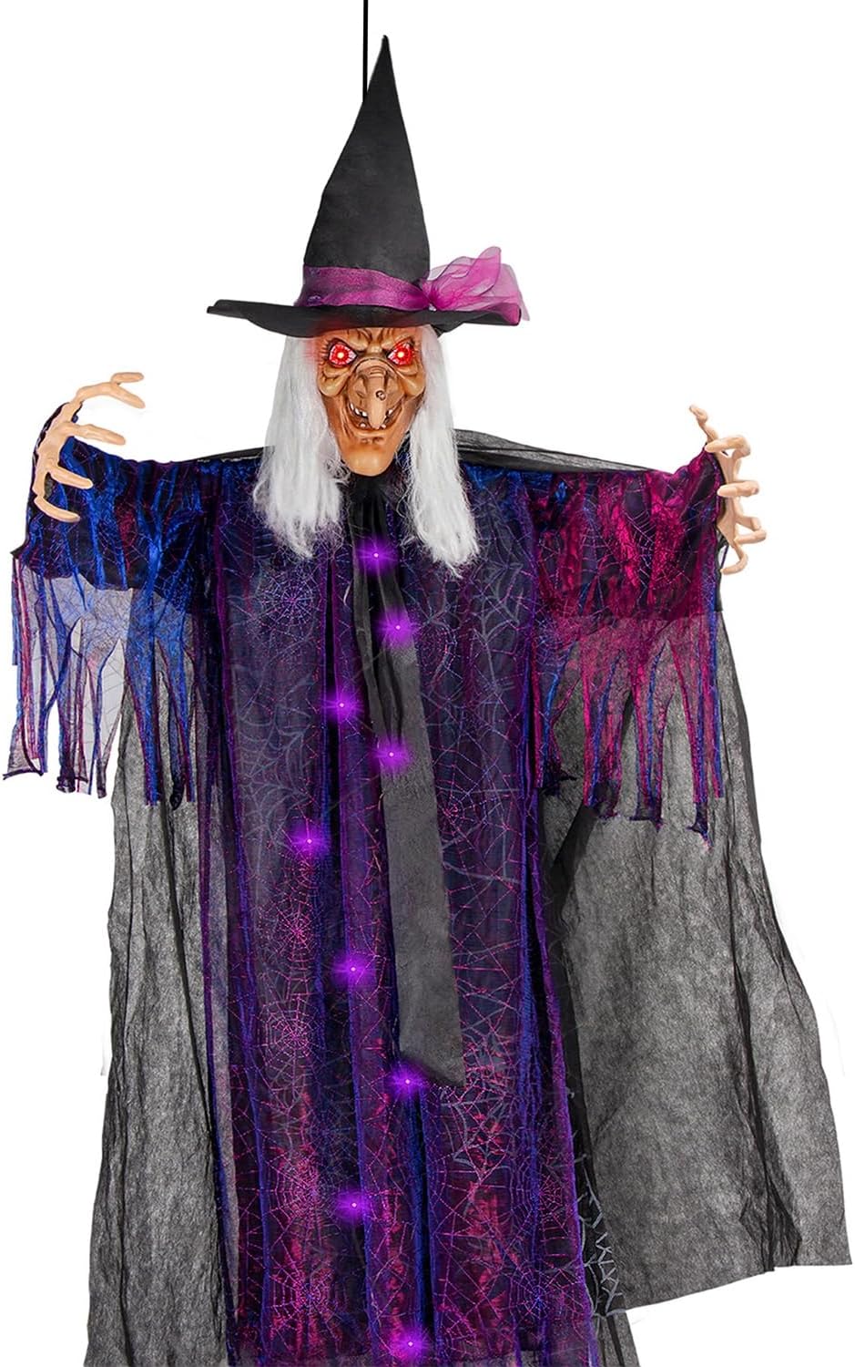 6FT Animated Hanging Witch Halloween Decoration with Glowing Red Eyes, Scary Sound Activation & Adjustable Arms