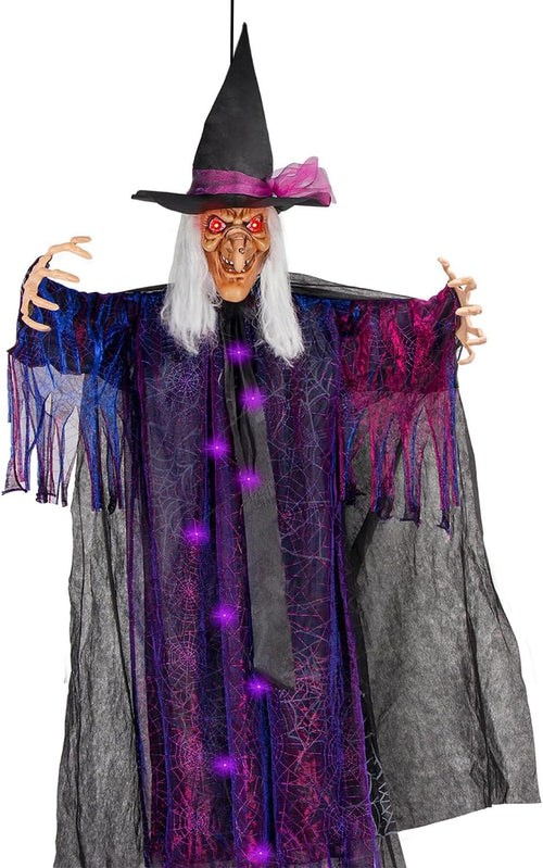 6FT Animated Hanging Witch Halloween Decoration with Glowing Red Eyes, Scary Sound Activation & Adjustable Arms
