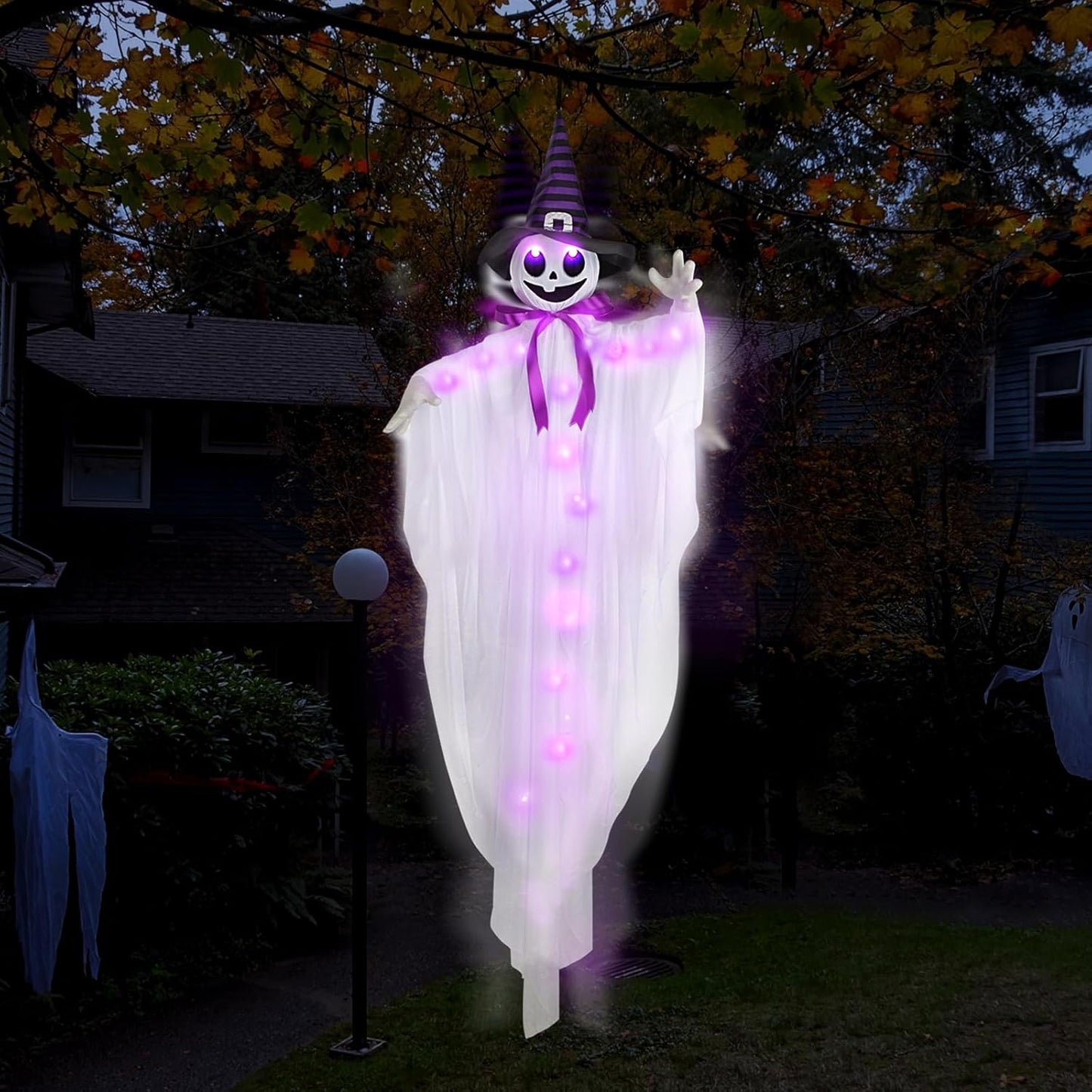 55-Inch Animated Hanging Witch Ghost with Purple LED Lights, Sound Activation & Shaking Arms
