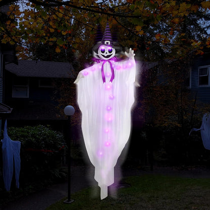 55-Inch Animated Hanging Witch Ghost with Purple LED Lights, Sound Activation & Shaking Arms