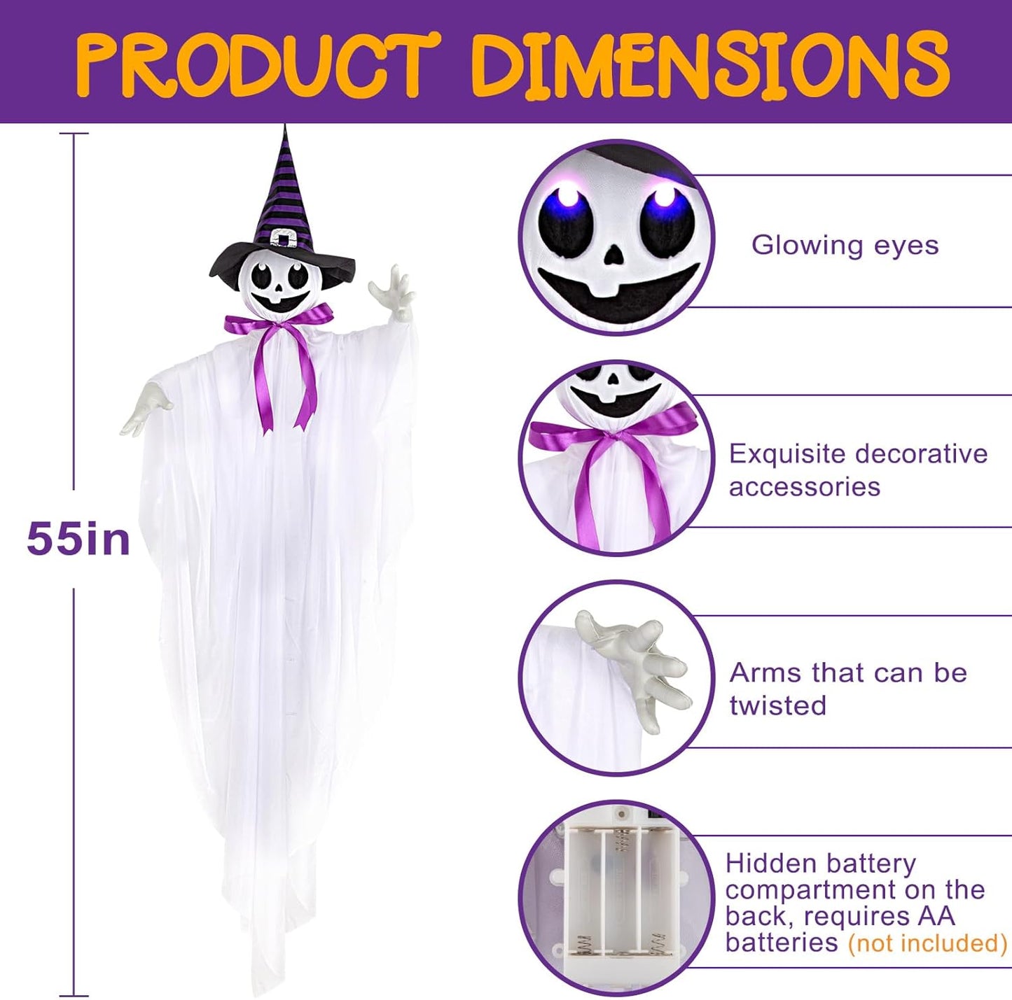 55-Inch Animated Hanging Witch Ghost with Purple LED Lights, Sound Activation & Shaking Arms