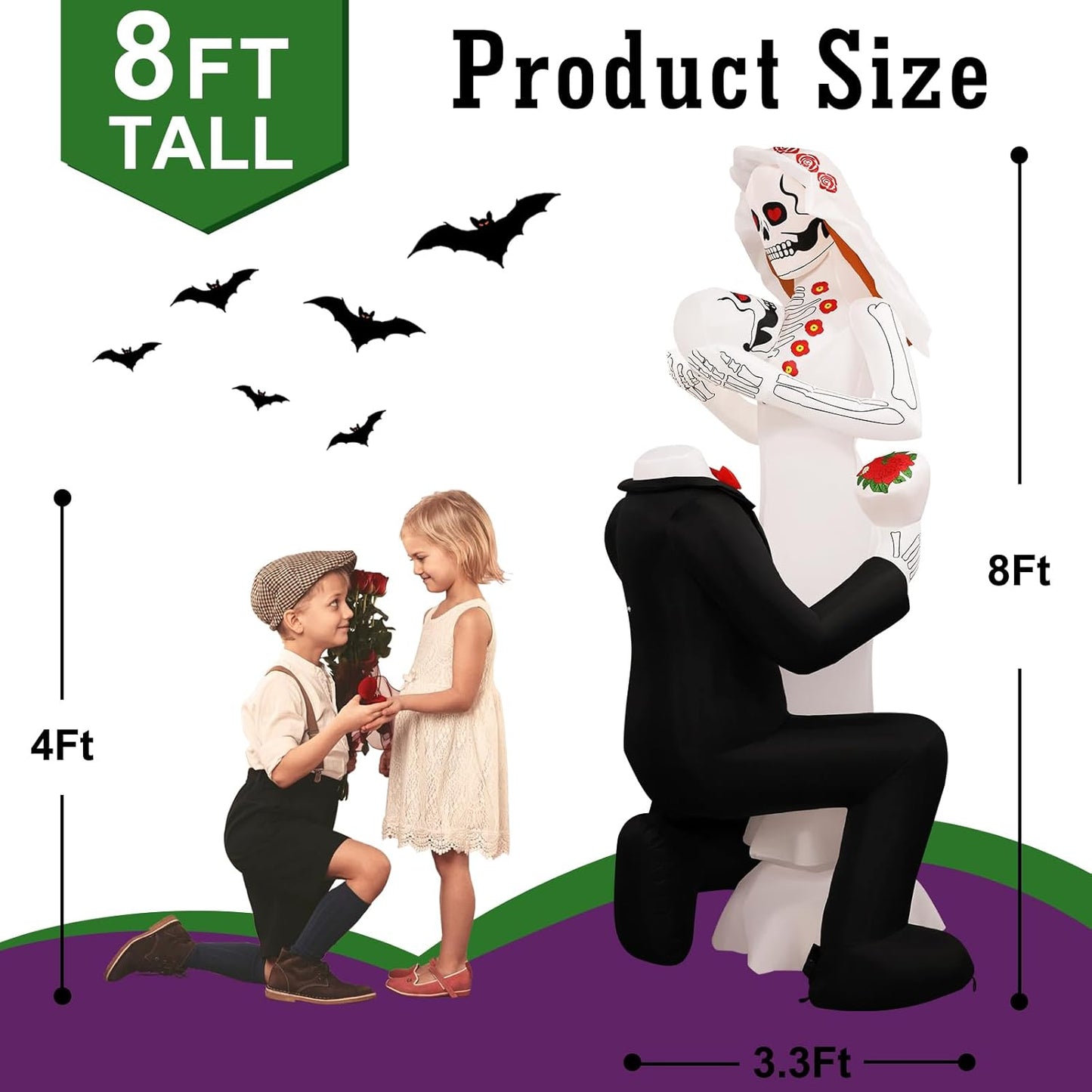 8FT Halloween Skeleton Couple Inflatable with 10 LED Lights – Outdoor Day of the Dead Yard Decoration