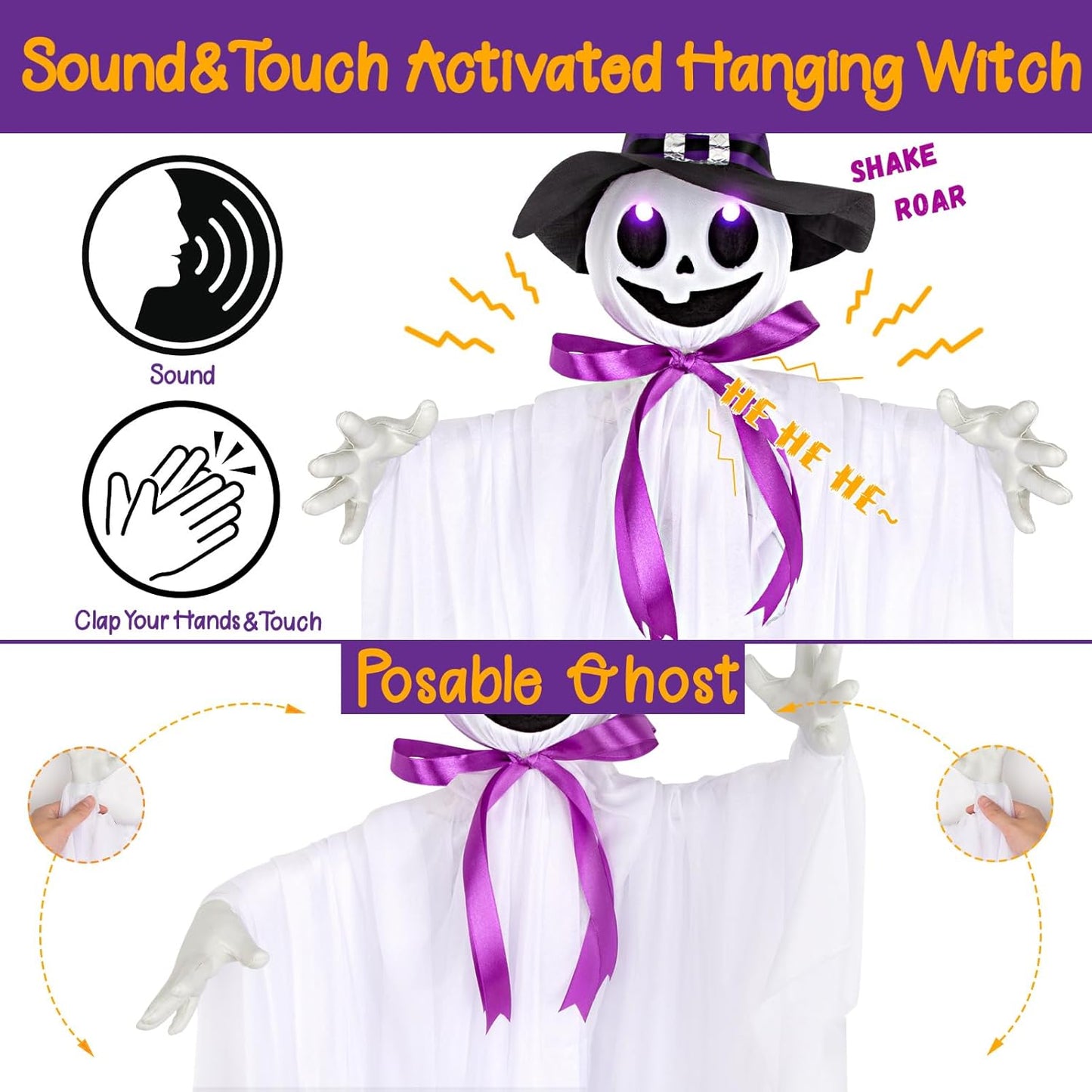 55-Inch Animated Hanging Witch Ghost with Purple LED Lights, Sound Activation & Shaking Arms