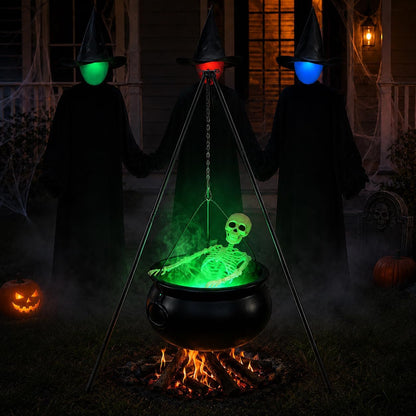 Large Halloween Witch Cauldron Set with 52-Inch Tripod, 24-Inch Skeleton and Green Mist Maker,