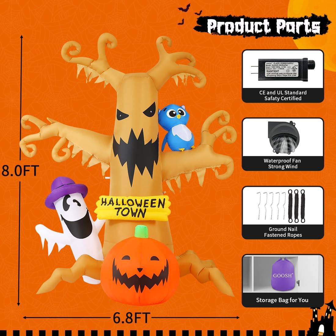 8FT Light-Up Haunted Tree Halloween Inflatable with Ghost, Owl & Pumpkin