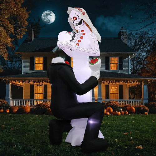 8FT Halloween Skeleton Couple Inflatable with 10 LED Lights – Outdoor Day of the Dead Yard Decoration