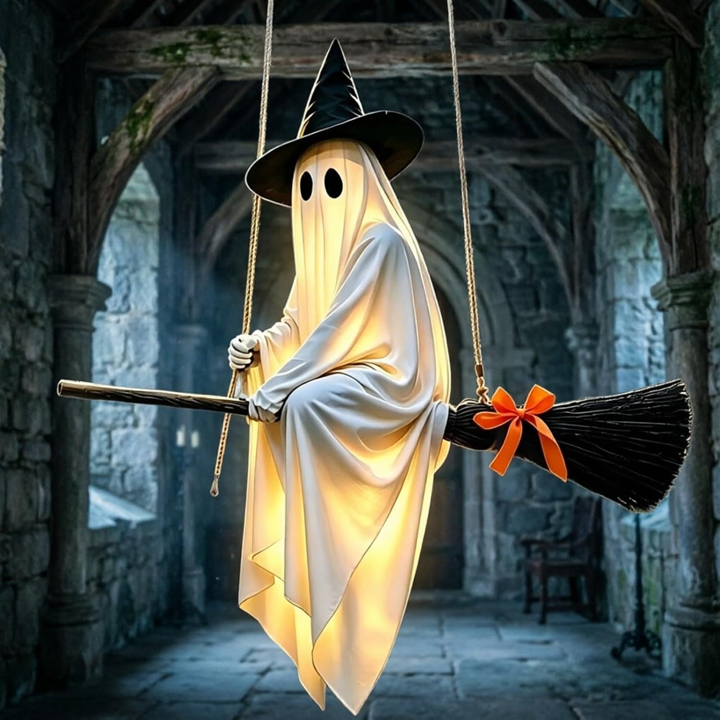 5 FT Lighted Hanging Ghost Witch on Broom Halloween Decoration