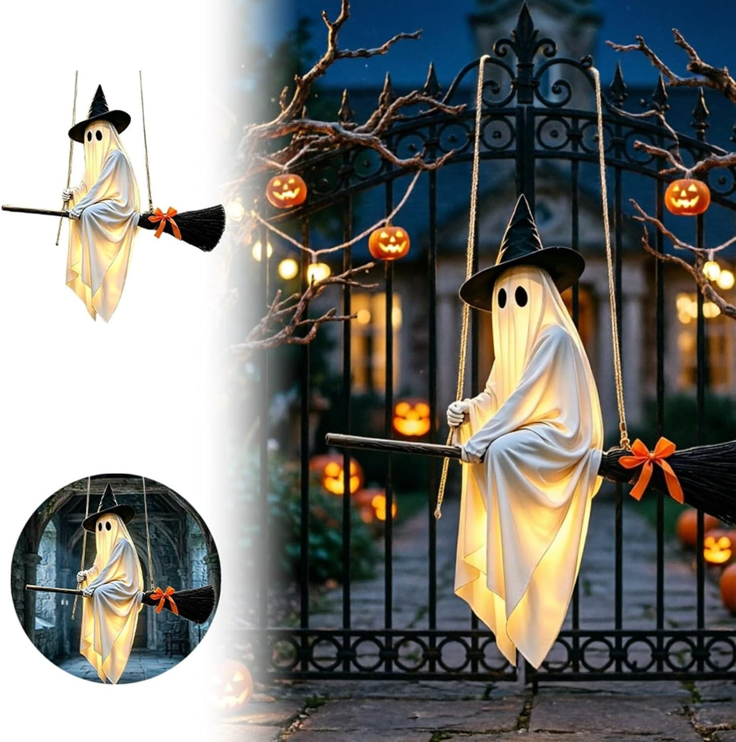 5 FT Lighted Hanging Ghost Witch on Broom Halloween Decoration