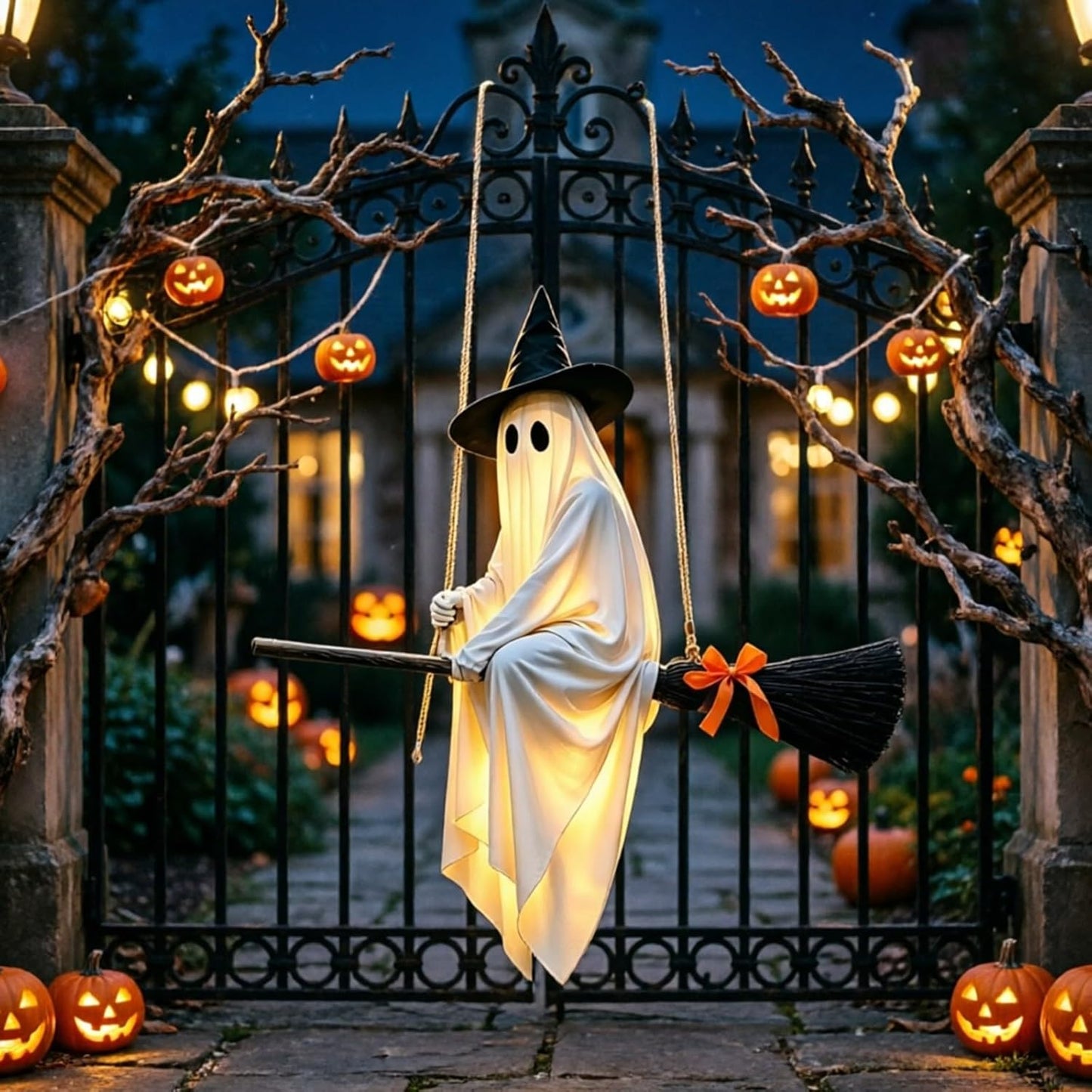 5 FT Lighted Hanging Ghost Witch on Broom Halloween Decoration