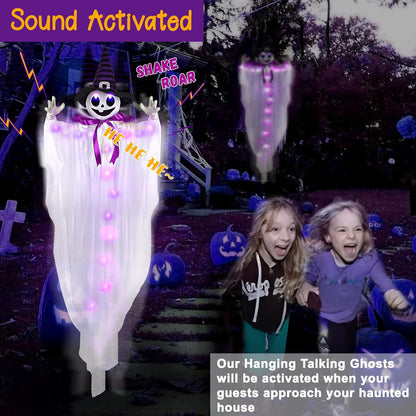 55-Inch Animated Hanging Witch Ghost with Purple LED Lights, Sound Activation & Shaking Arms