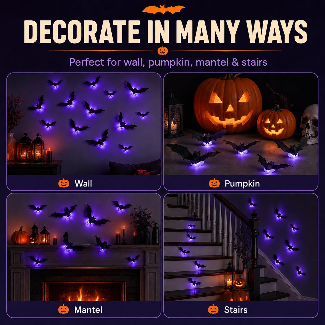 12-Pack Glowing 3D Halloween Bats with Self-Adhesive LED Lights