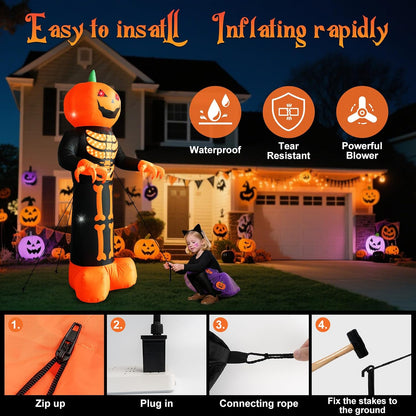 12 FT Halloween Pumpkin Reaper Inflatable with Flashing Eyes and LED Lights