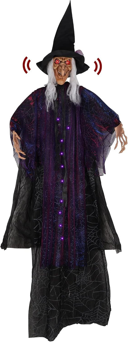 6FT Animated Hanging Witch Halloween Decoration with Glowing Red Eyes, Scary Sound Activation & Adjustable Arms