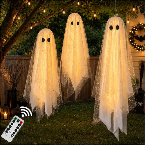 3-Piece Light-Up Hanging Ghosts with Remote & Timer