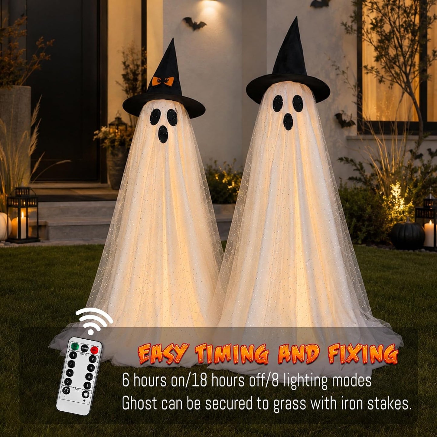 2-Pack 59-Inch Lighted Halloween Ghost Decorations with Remote Control