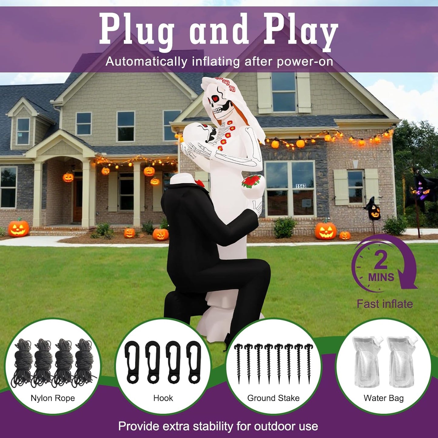 8FT Halloween Skeleton Couple Inflatable with 10 LED Lights – Outdoor Day of the Dead Yard Decoration