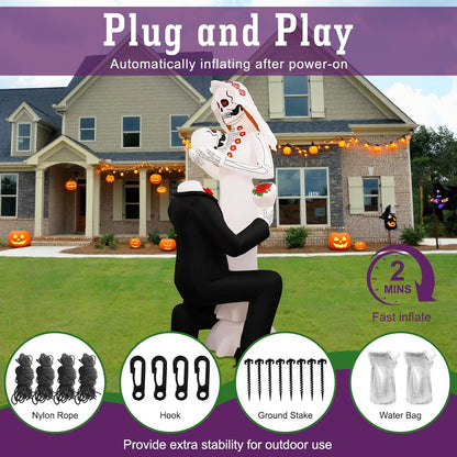 8FT Halloween Skeleton Couple Inflatable with 10 LED Lights – Outdoor Day of the Dead Yard Decoration