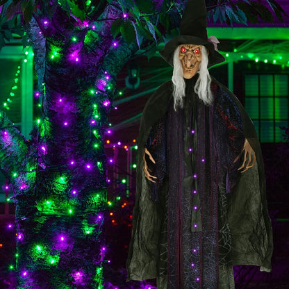 6FT Animated Hanging Witch Halloween Decoration with Glowing Red Eyes, Scary Sound Activation & Adjustable Arms