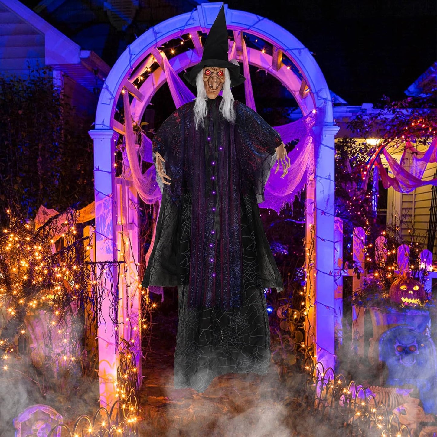 6FT Animated Hanging Witch Halloween Decoration with Glowing Red Eyes, Scary Sound Activation & Adjustable Arms