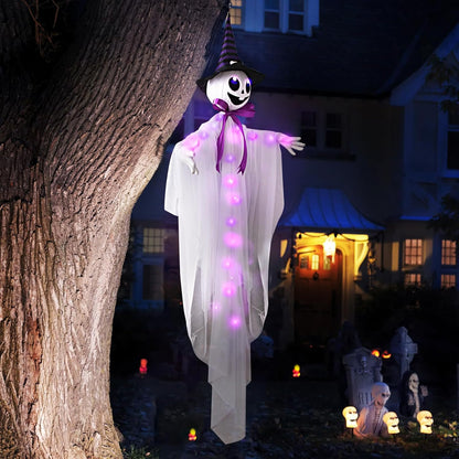 55-Inch Animated Hanging Witch Ghost with Purple LED Lights, Sound Activation & Shaking Arms