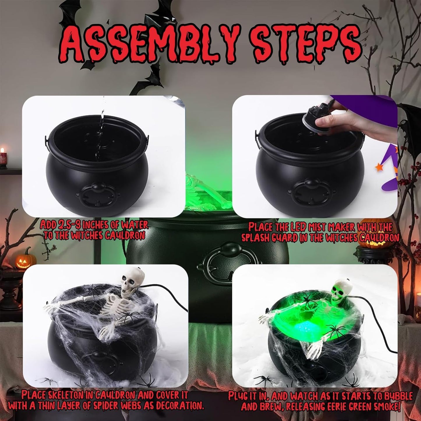 Halloween Smoking Cauldron Decor with Skeleton, Floating Bottle and LED Fog Effect