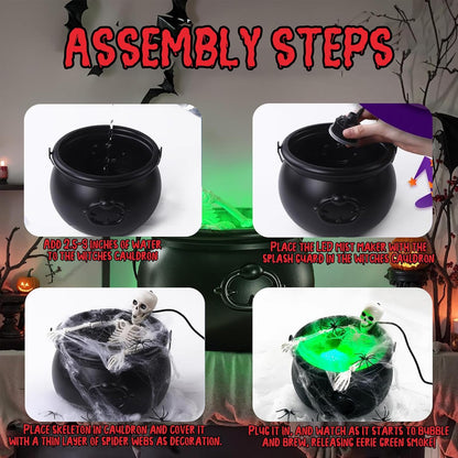 Halloween Smoking Cauldron Decor with Skeleton, Floating Bottle and LED Fog Effect